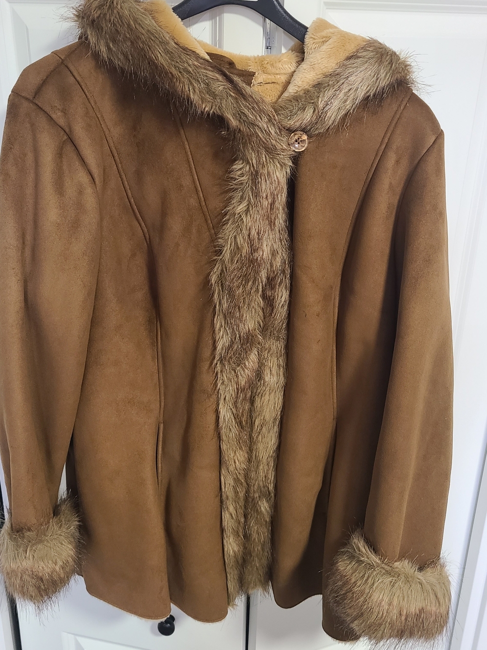 Women's Brown Faux Fur Trim Hooded Teddy Jacket